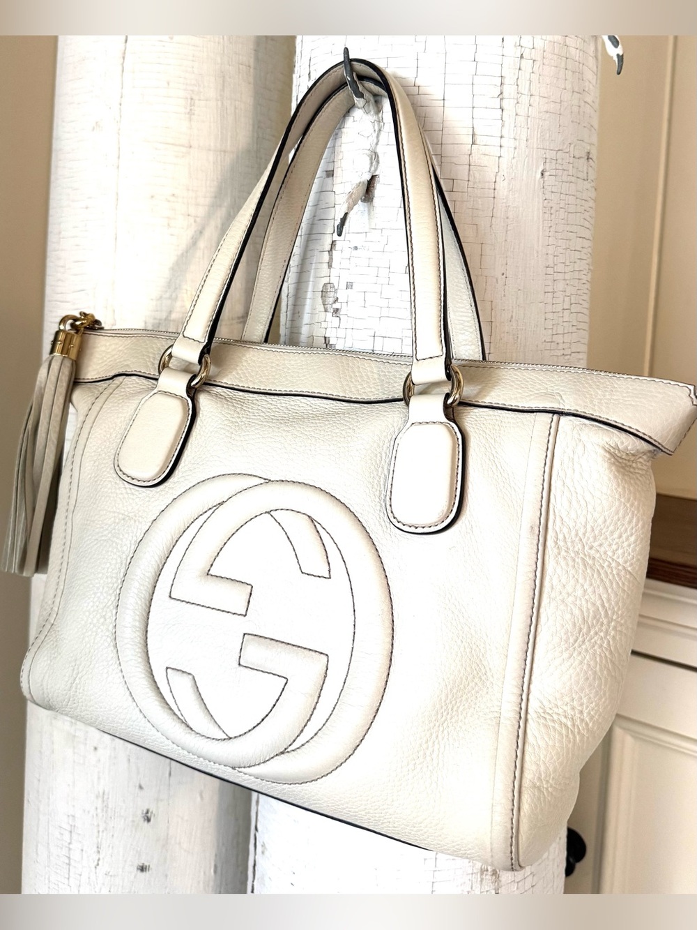 GUCCI Soho Cream Pebbled Leather Tassel Tote Shoulder Bag Italy Auth